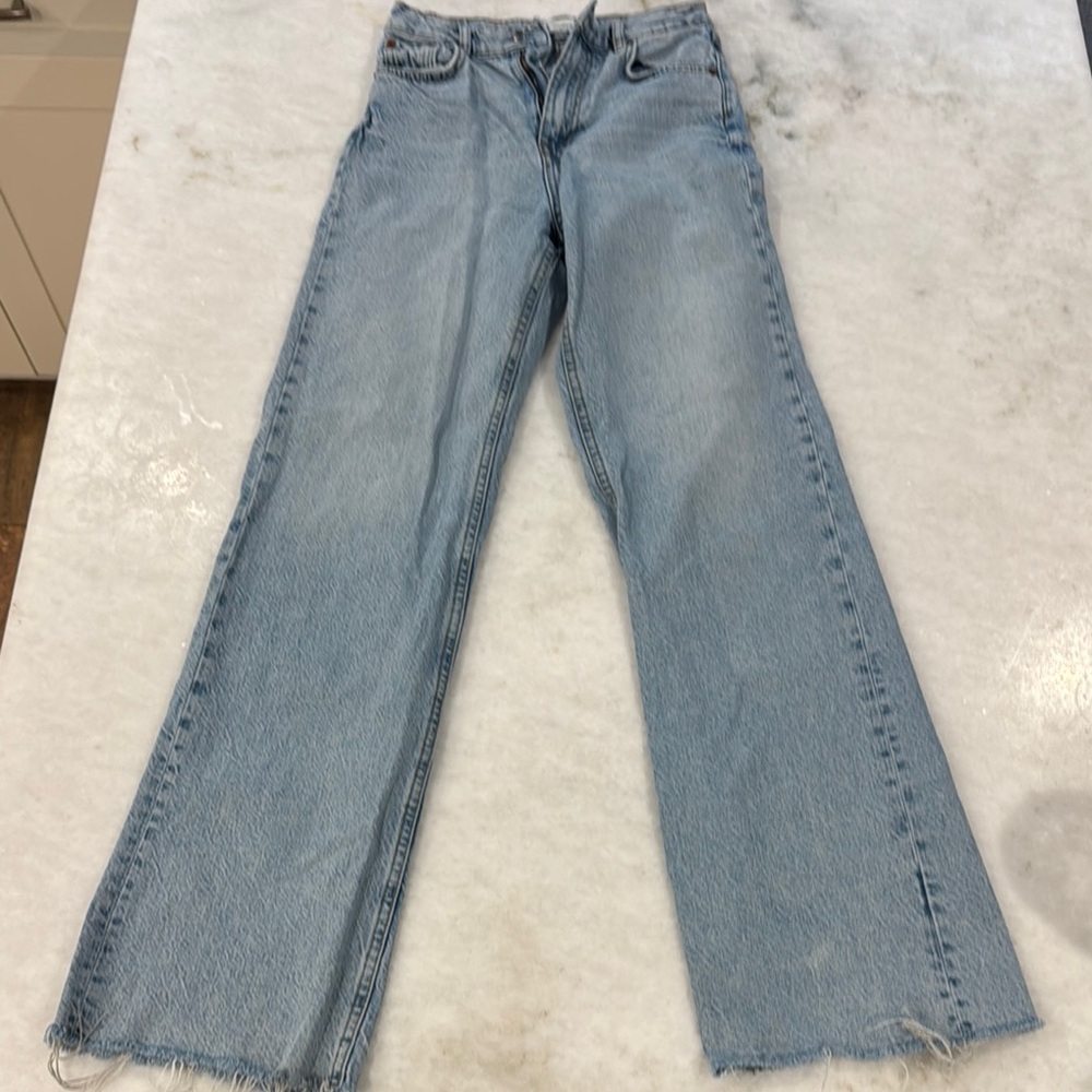 Blue Flare Wide Leg Jeans with Classic Stonewashed Look